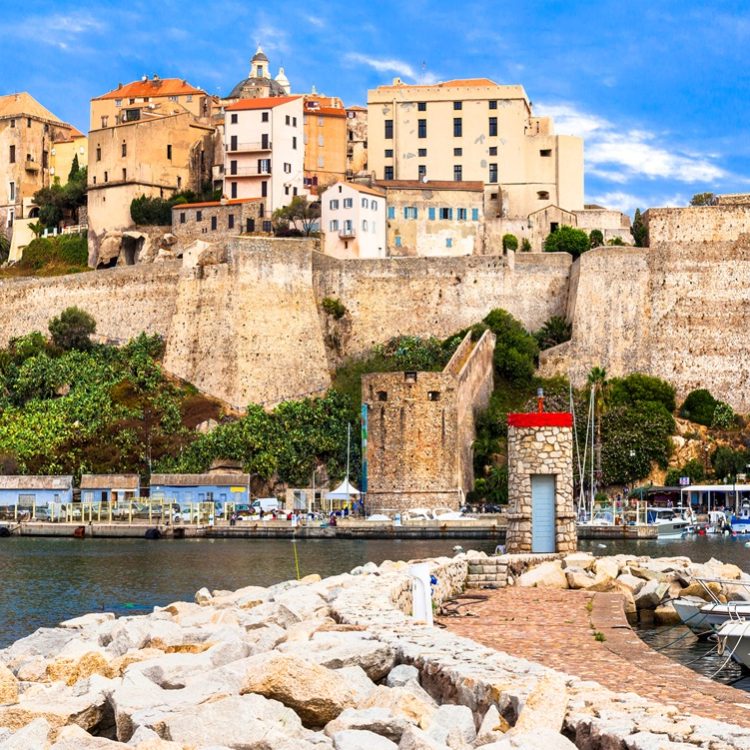 Corsica island. view of fortress and marine in Calvi Town. Popular tourist destination. France
