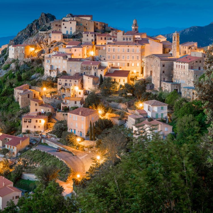 Ancient mountain village of Speloncato in evening lights in the Balagne region of Corsica island, France
