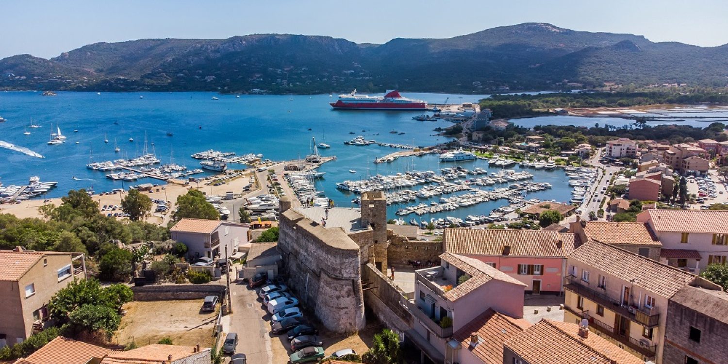 Aerial view of the Bastion de France in Porto-Vecchio in the South of Corsica, France - Medieval citadel by the Genoese in front of the Mediterranean Sea